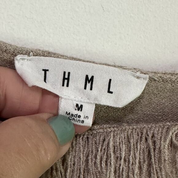 THML Knit Top Sweater M Fringe Trim Tan Pullover Boat Neck Rainbow Stripe Cuff - Picture 5 of 9